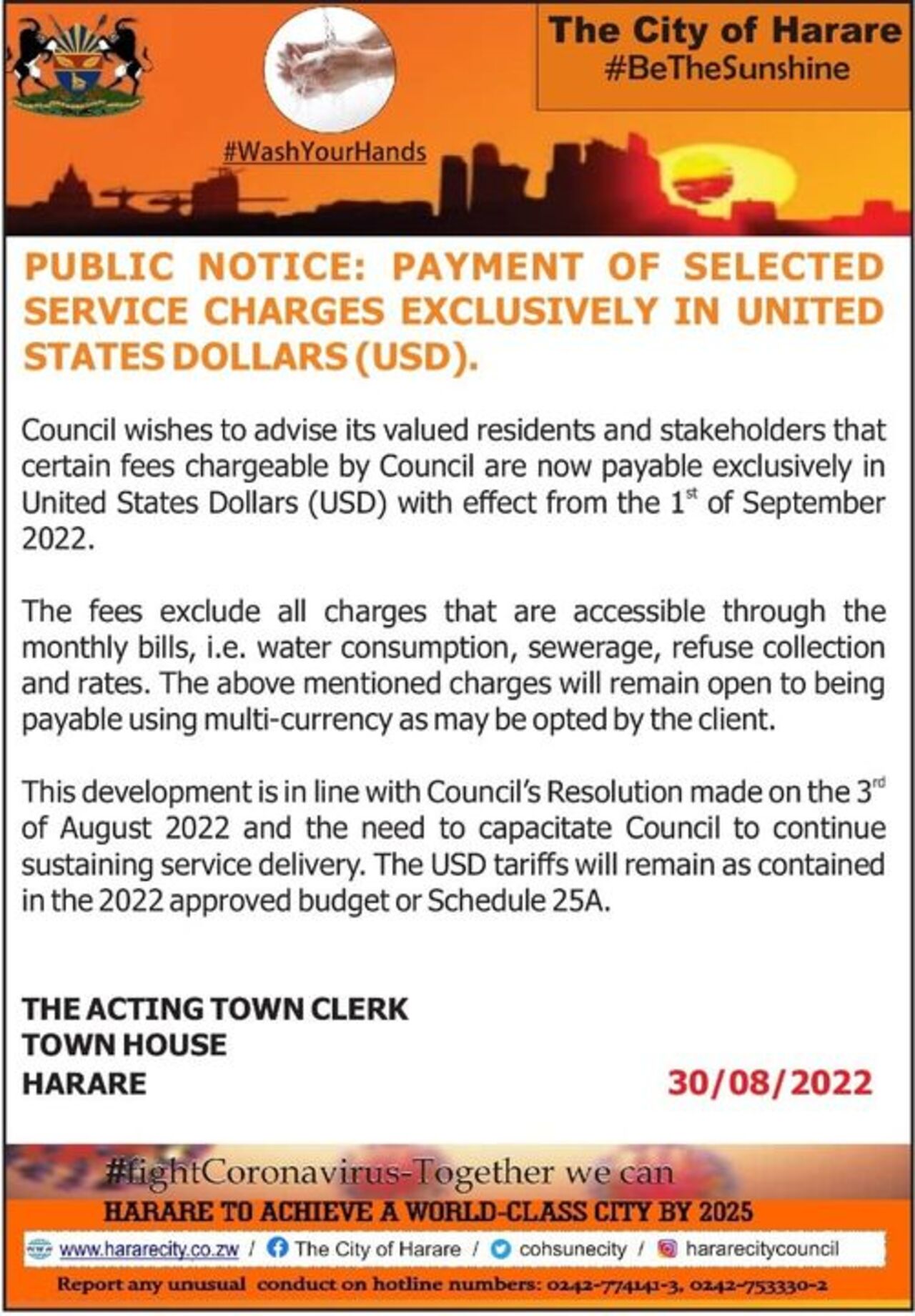 The City of Harare begins only charging in US dollars (USD) for services.